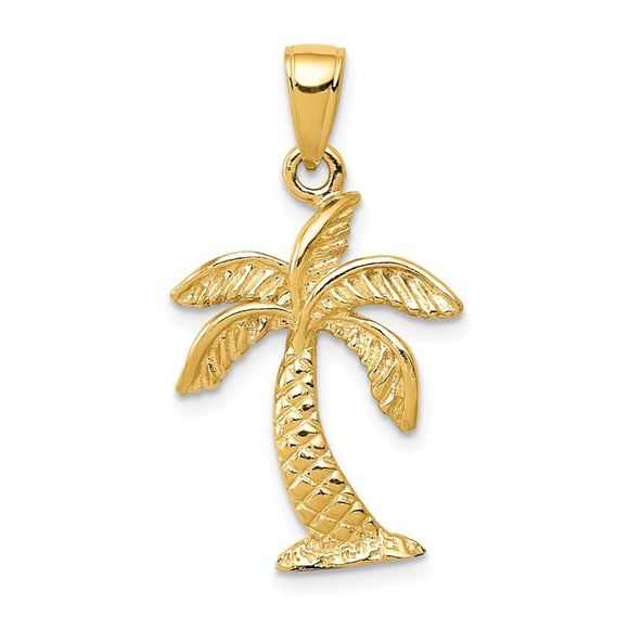 14k Yellow Gold Textured Palm Tree (15 x 28mm) Necklace - 20 In - Picture 1 of 6